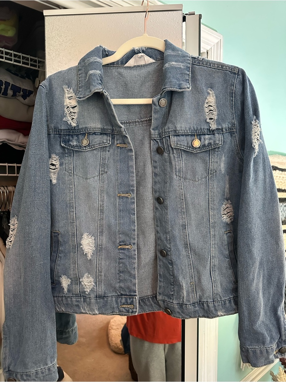 Classic Distressed Light Blue Denim Jacket - Women's